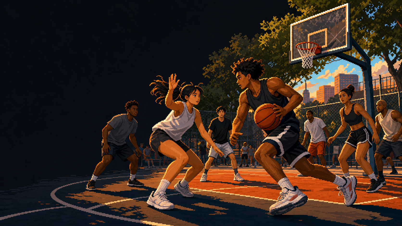 A diverse group of teenage and adult men and women playing pickup basketball on an outdoor court